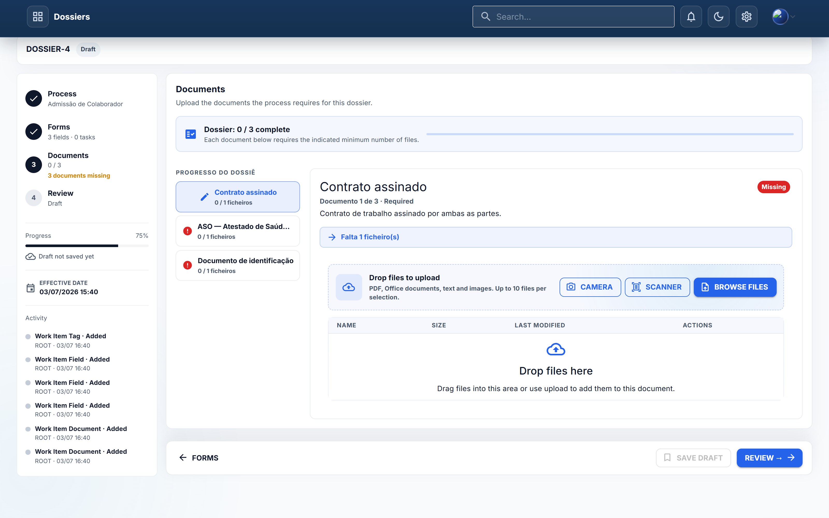 Dossier screen showing the required documents, completion progress and a focused upload area